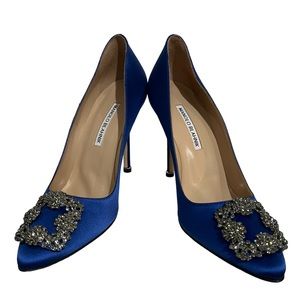 Manolo Blahnik Hangisi 105mm Satin High-Heel Jewel Buckle Pumps Crystal